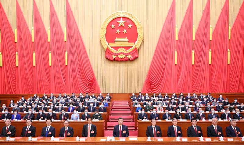  3月13日，第十四届全国人民代表大会第一次会议在北京人民大会堂闭幕。习近平等党和国家领导人在主席台就座。